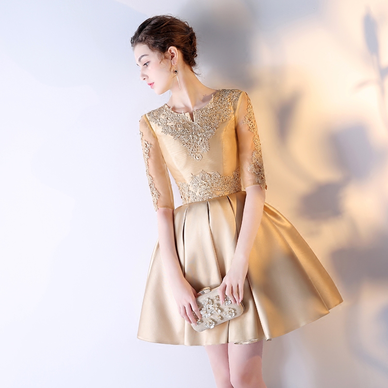 banquet evening dress 2019 new fashion golden annual party dress short bride toast dress dress female winter