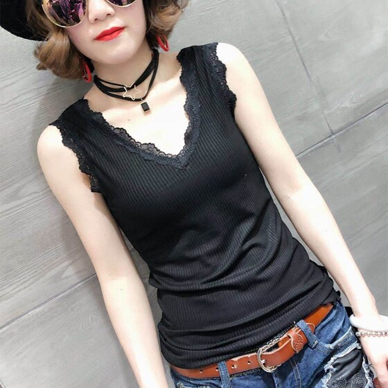 Spring and summer foreign style double V-neck lace thread cotton vest strap female slim slim sleeveless vest bottoming shirt