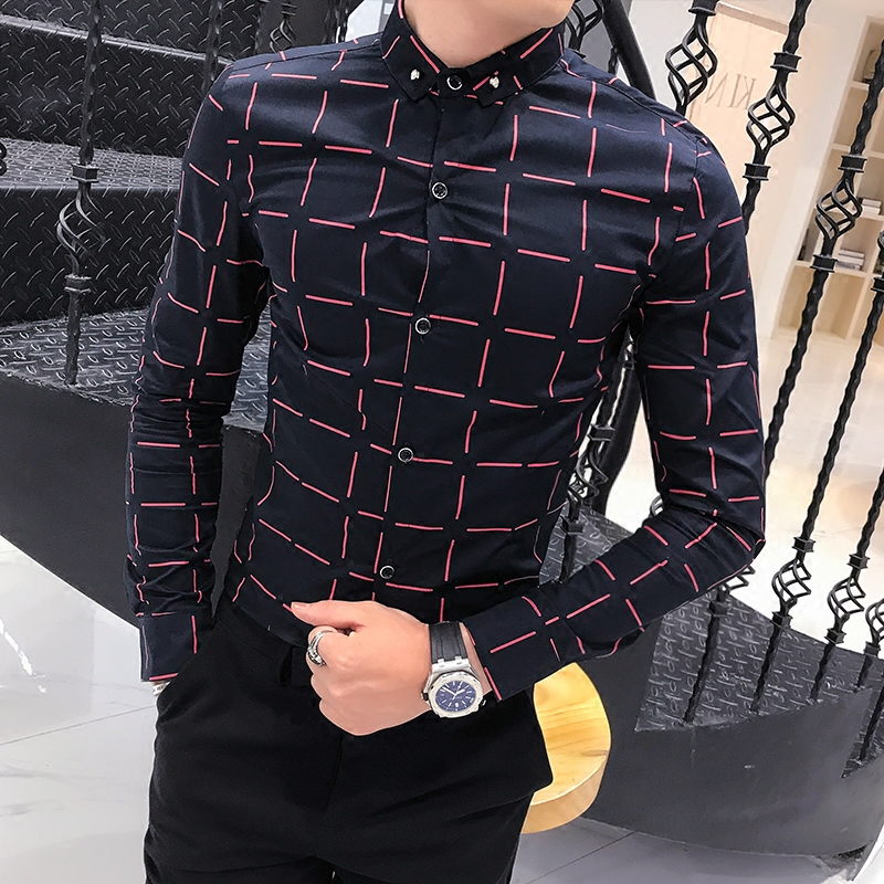 秋季新款男士长袖衬衫韩版修身时尚格子衬衣潮流男装休闲潮流寸衫