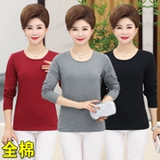 Áo dài mùa thu cho phụ nữ trung niên dài tay của phụ nữ Áo cotton cổ tròn màu rắn Áo thun trung niên đơn giản