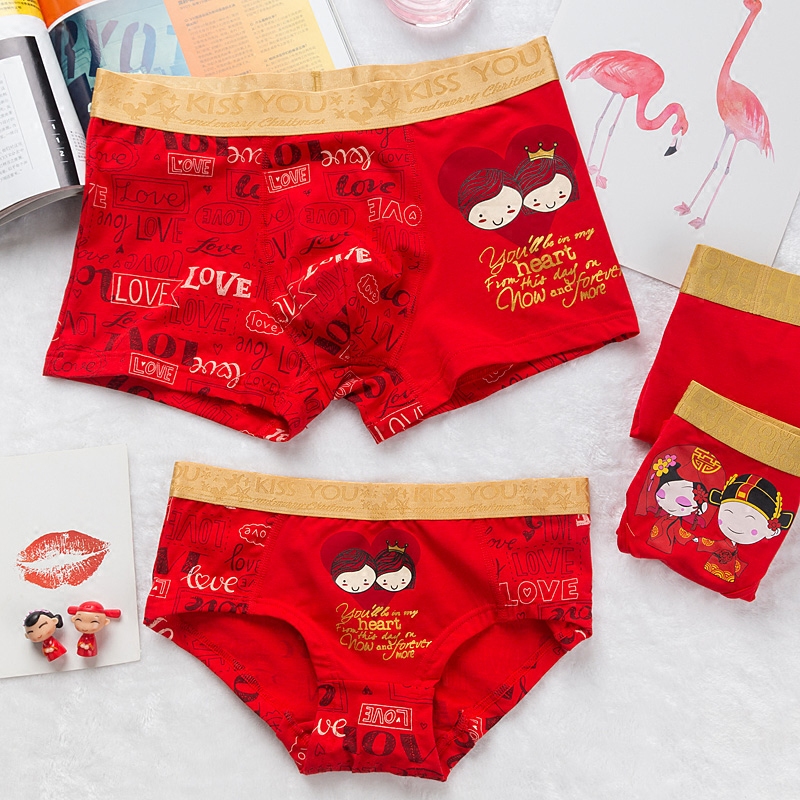 This year of life big red underwear Chinese red wedding couple underwear pure cotton mid-rise women briefs men's boxer shorts