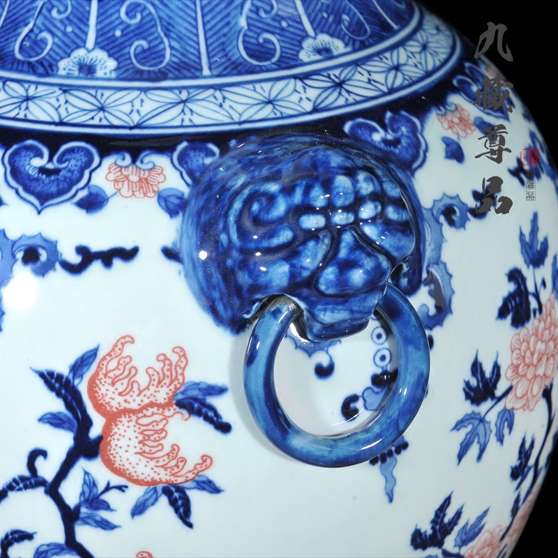 About Nine sect Buddha tasted jingdezhen ceramic antique hand - made ears lion a peach of blue and white porcelain vase furnishing articles in the living room