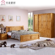 Trung Quốc gỗ rắn tuyết tùng nội thất phòng ngủ giường đôi trượt tủ quần áo kết hợp năm mảnh đồ gỗ