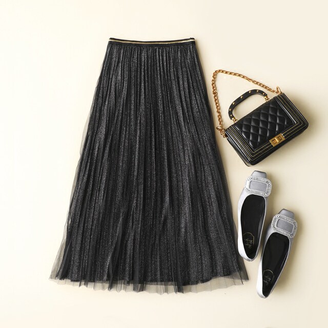 2023 spring and summer shopping and dating light up temperament light luxury bright silk elastic high waist pleated mesh skirt skirt female