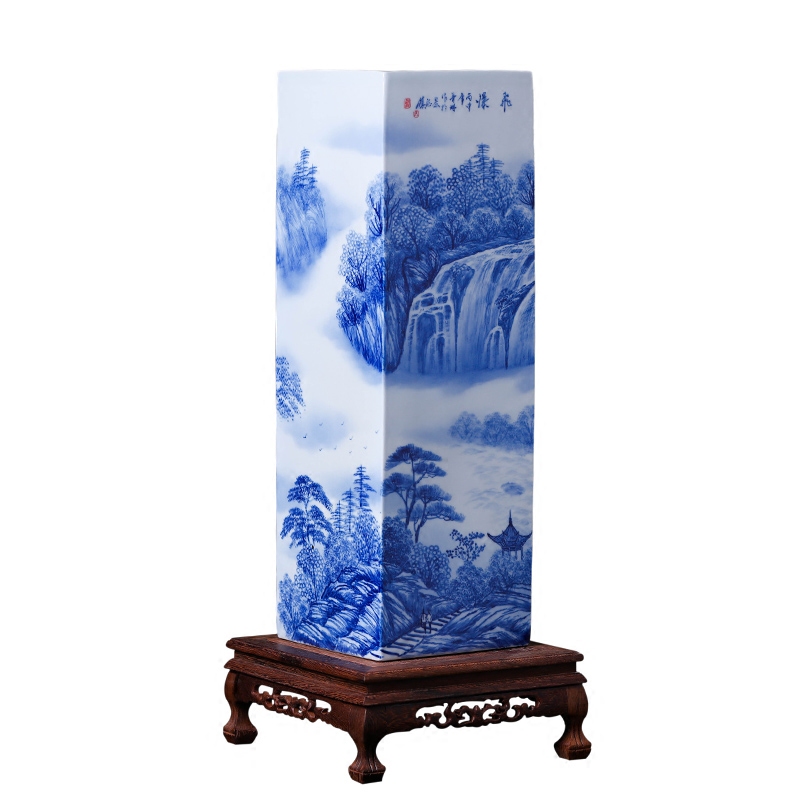 Jingdezhen ceramics hand - made waterfall landscape painting and calligraphy master cylinder quiver large vases, study of office furnishing articles