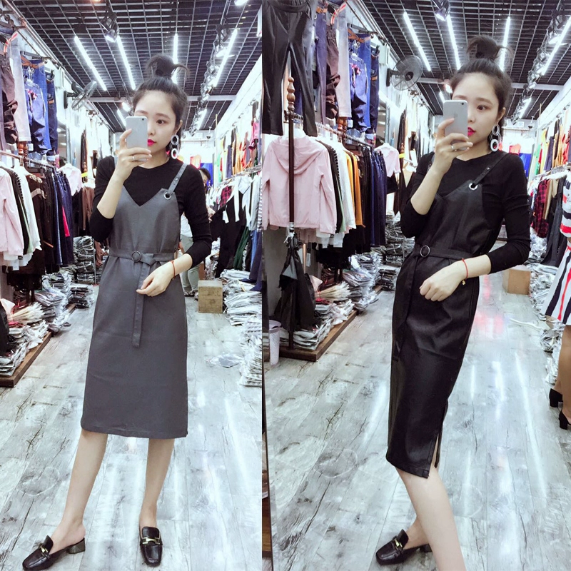 Sản phẩm mới mùa thu 2019 của phụ nữ áo phông túi đeo hông váy da PU dây đeo váy thời trang bộ đồ hai mảnh - Sản phẩm HOT