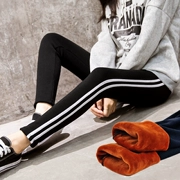 Mùa đông cộng với quần legging nhung dày cạp cao eo cao là quần sọc dọc ấm bên ngoài mặc quần ống rộng