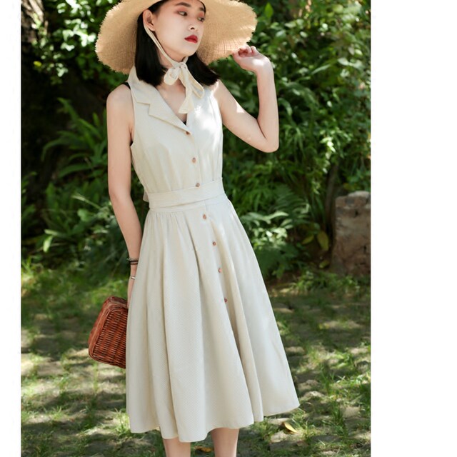 JUJU custom French retro plaid suit collar shirt dress waist umbrella skirt sleeveless new summer dress skirt