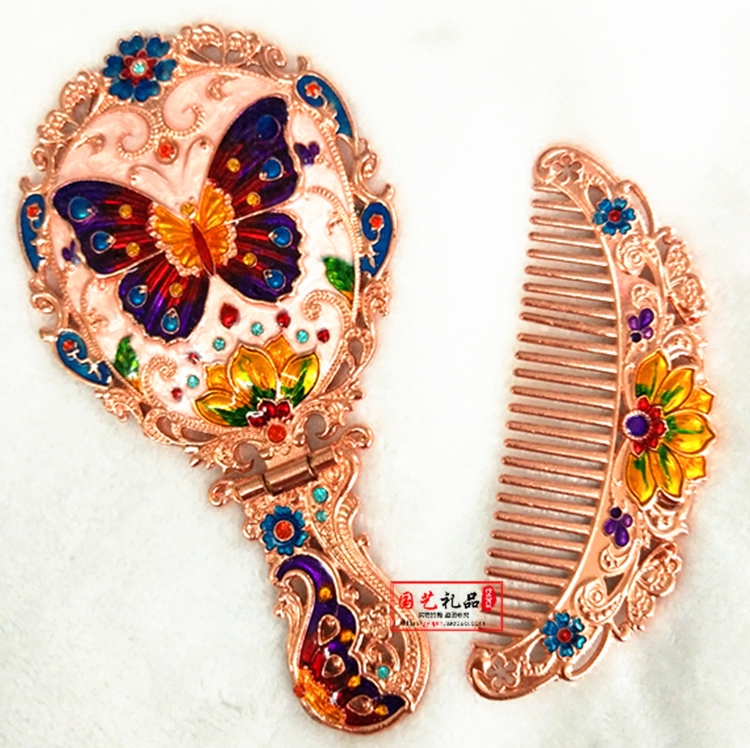 Fashion Comb Mirror Set Butterfly Cloisonne Alloy European Style White Collar Pro Love