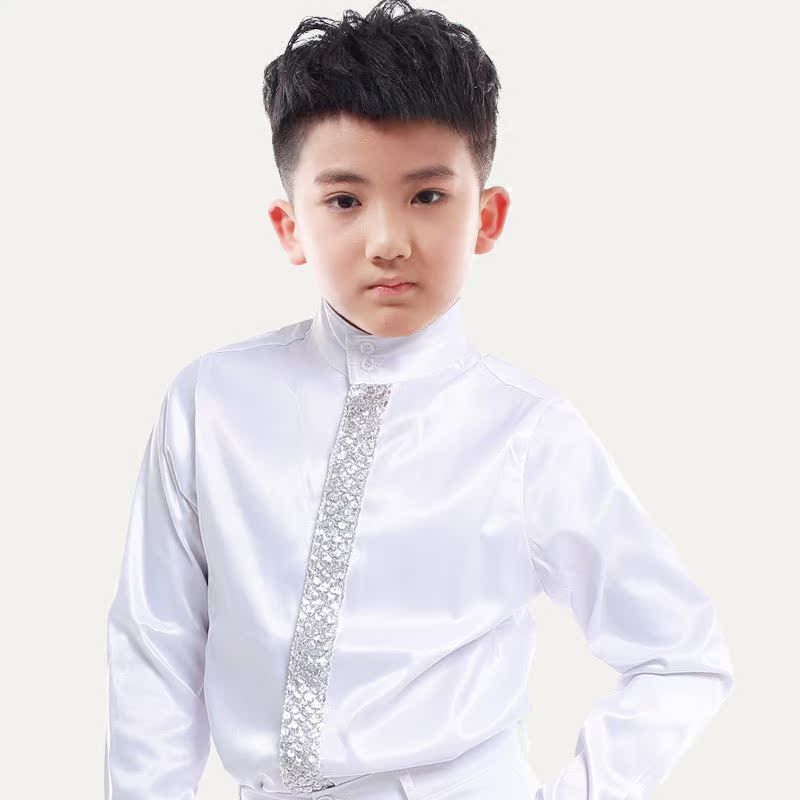 Boys shirt chorus children&apos;s clothes pure cotton children&apos;s Latin Jazz Shirt White performance clothes