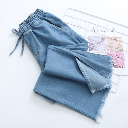 高腰开叉阔腿裤女裤脚口毛边牛仔裤2018春夏