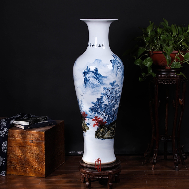 Jingdezhen ceramic hand - made under high temperature and glaze color blue and white landscape sitting room big furnishing articles household geomantic ground vase