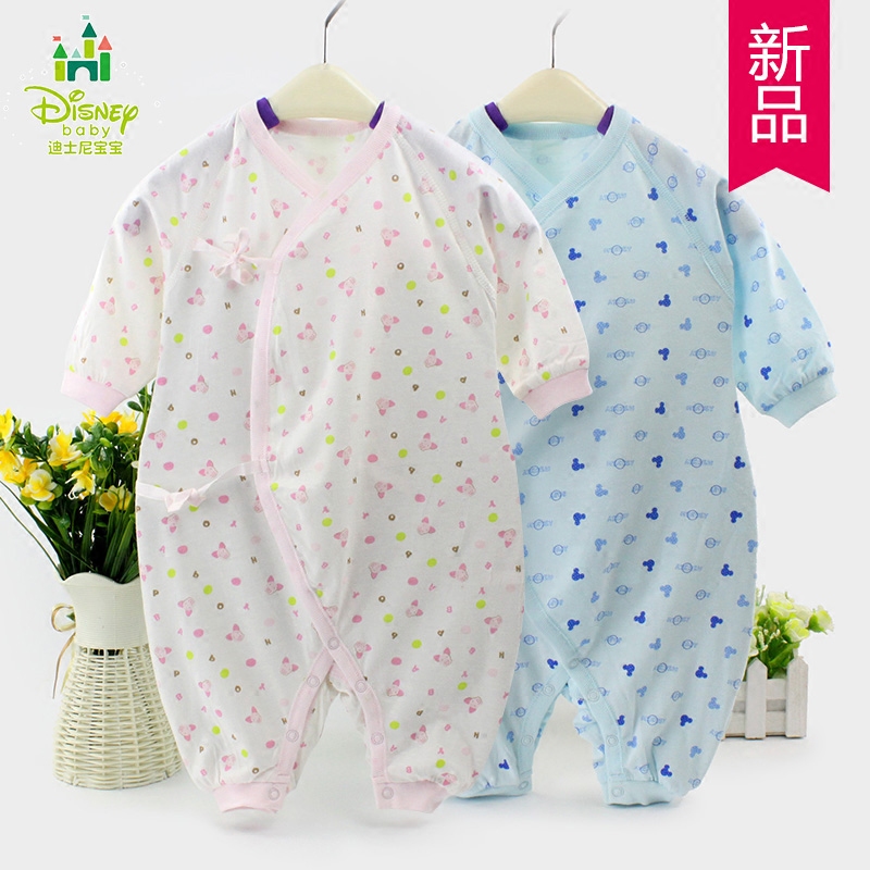 迪士尼宝宝斜襟系带爬服分腿哈衣长袖连体衣新生儿纯棉衣服四季款