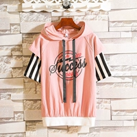 Cá tính triều mùa hè nam ngắn tay áo len nam XL hồng năm điểm tay áo giả hai triều của nam giới T-Shirt áo hoodie nam form rộng