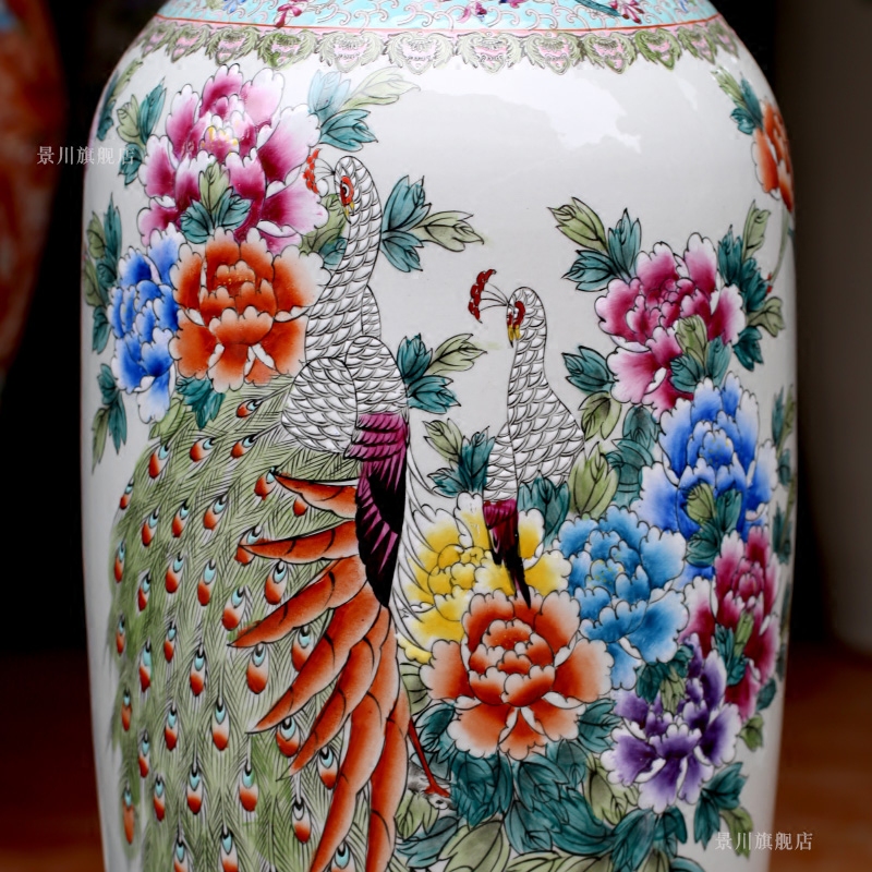 Jingdezhen ceramics hand - made pastel color peacock peony hotel furnishing articles home sitting room of large vase