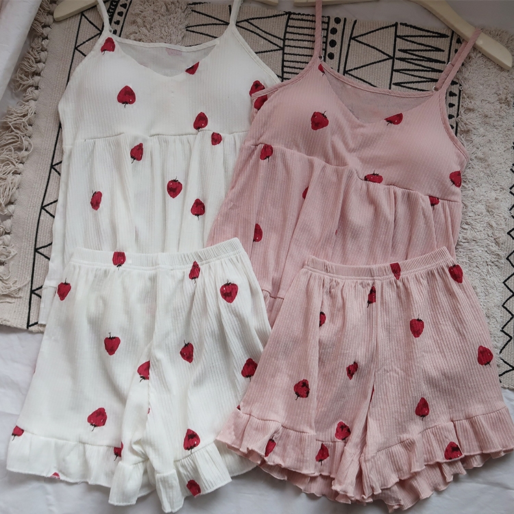 Sling pajamas women's summer small fresh girl cotton sexy cute with chest pad strawberry summer two-piece home clothes - Taobao