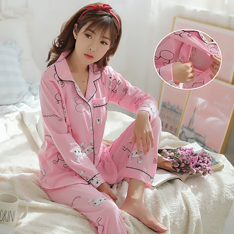 Mùa xuân và mùa thu bông tinh khiết quần áo giam giữ quần áo dài tay cho bà bầu cho con bú quần áo phụ nữ có thai đồ ngủ mùa hè mỏng kích thước lớn bộ quần áo - Giải trí mặc / Mum mặc