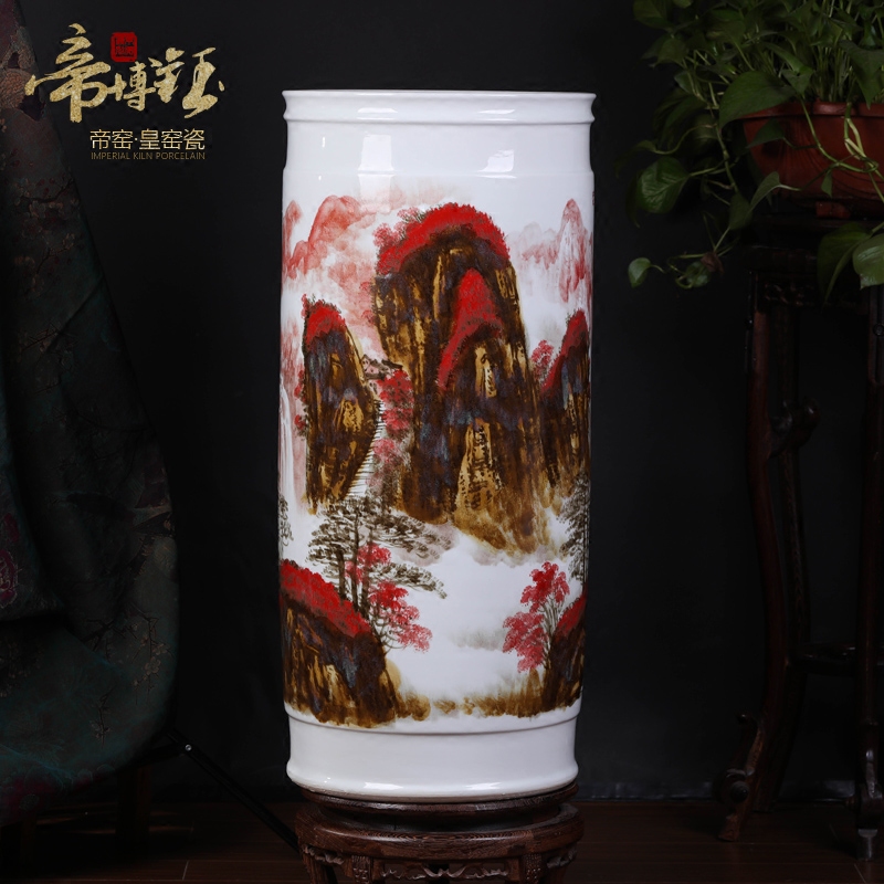 Jingdezhen ceramics up with landscape painting and calligraphy cylinder quiver scroll cylinder vase office study landing place