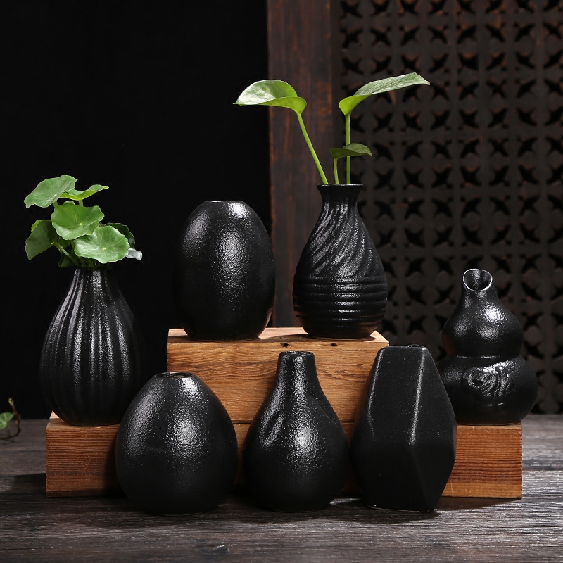 创意日式小花瓶陶瓷茶道禅意复古小摆件黑色迷你小号