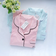 Bộ đồ ngủ của phụ nữ Cotton dệt kim mùa xuân và mùa thu cotton mỏng Quần dài tay đặt màu rắn thêu Lycra Han