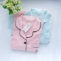 Bộ đồ ngủ của phụ nữ Cotton dệt kim mùa xuân và mùa thu cotton mỏng Quần dài tay đặt màu rắn thêu Lycra Han đồ bộ dài tay mặc nhà