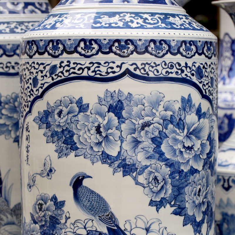 Hand - made blooming flowers large blue and white porcelain vase of jingdezhen ceramics home sitting room of large hotel furnishing articles