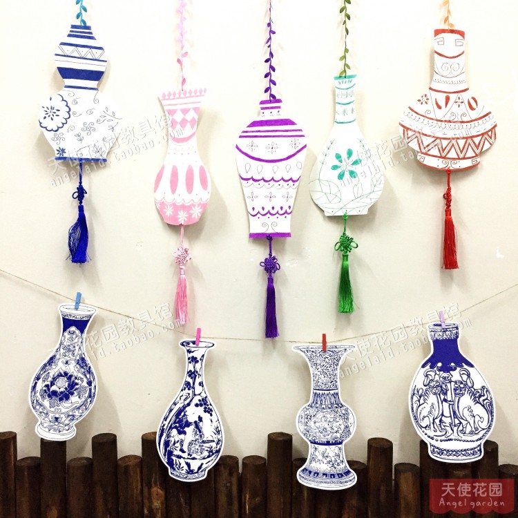 Kindergarten Children White Embryo Fine Art Material Hand-painted Graffiti Green Flower Pattern Hanging Accessories Diy Creative Subject Placement