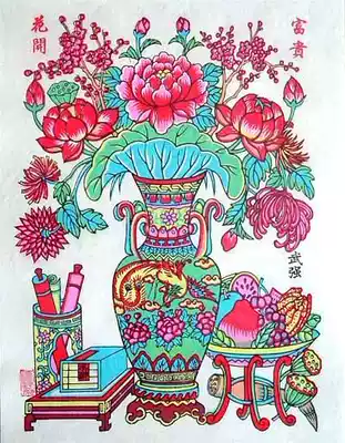 National intangible cultural heritage collection gift best gift Wuqiang woodblock New year painting a small desert rose Open