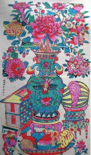 The national intangible cultural heritage collection is a gift, and the Qing Wuqiang woodblock New Year's picture is rich and noble in large vase collection.