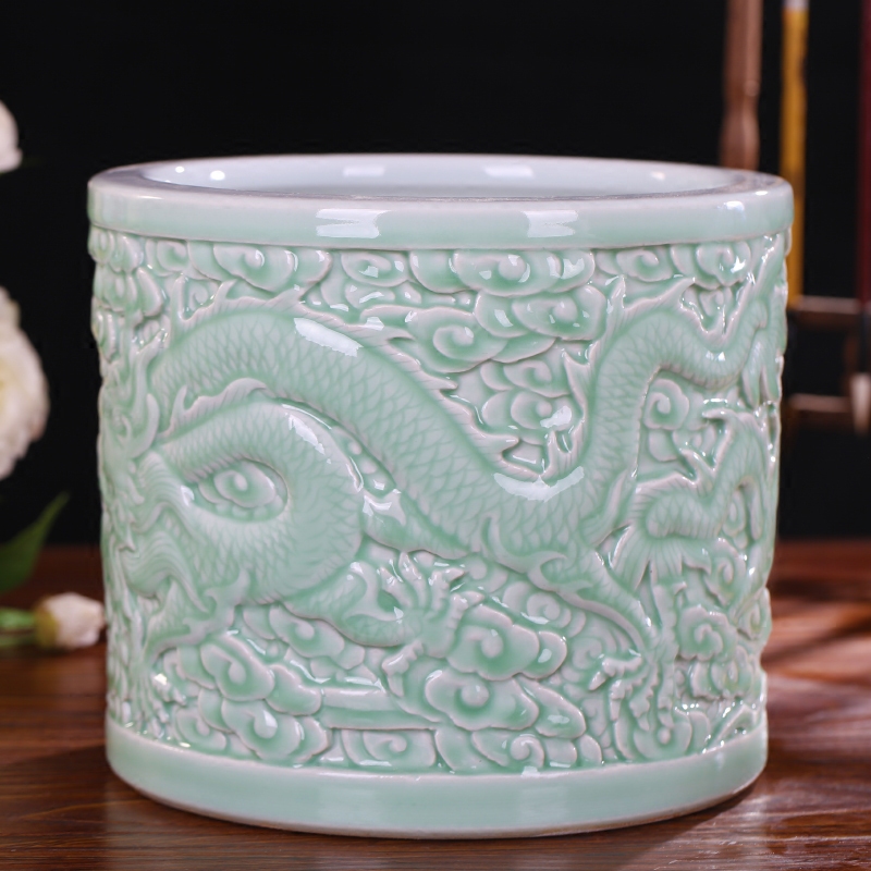 Jingdezhen ceramics engraving blue glaze big brush pot furnishing articles antique calligraphy and painting cylinder receive decorative gift dragon playing bead