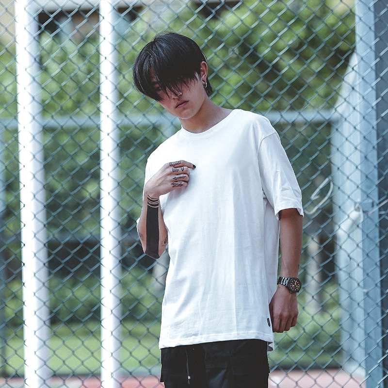 港风复古男士休闲半袖t恤纯色圆筒T潮陈冠希短袖纯棉潮牌 短袖t恤