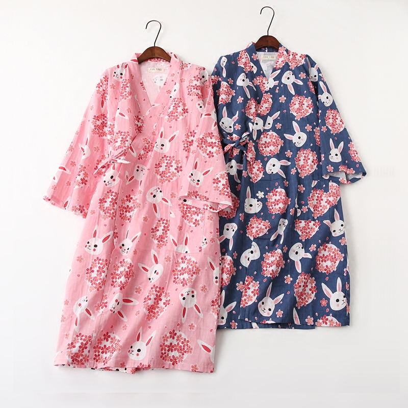 Japanese-style nightdress women's spring and summer long-sleeved thin section cute cherry blossom rabbit nightgown Japanese-style kimono pajamas sweat steaming yukata