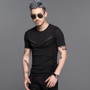 Mùa hè áo len Slim T-Shirt áo len nam nửa tay áo màu đen cổ tròn kéo đầu băng lụa đáy áo ngắn tay áo màu rắn