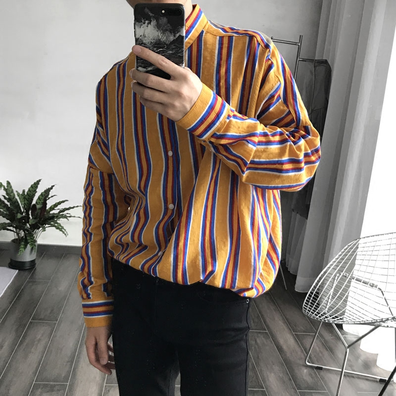 雀斑男装 撞色条纹薄款超宽松长袖衬衫衬衣2色