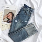 RENA siêu thoải mái màu sắc nhẹ nhàng khâu thô cạnh cao eo căng mỏng mùa thu hoang dã jeans chín quần phụ nữ