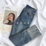 RENA siêu thoải mái màu sắc nhẹ nhàng khâu thô cạnh cao eo căng mỏng mùa thu hoang dã jeans chín quần phụ nữ quần jean dài