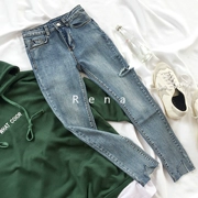 RENA Hàn Quốc bên nhỏ cắt retro đơn giản rửa nhẹ màu xanh bó sát chân đàn hồi quần denim bút chì nữ