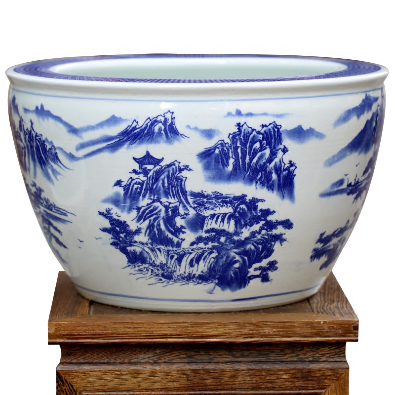 Blue and white porcelain of jingdezhen ceramics tortoise cylinder lotus potted landscape painting a goldfish bowl sitting room place basin study