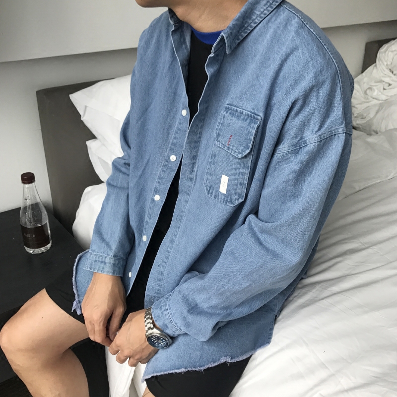 RKHL小温 秋季新款韩版简约复古洗水宽松牛仔衬衫休闲长袖外套男
