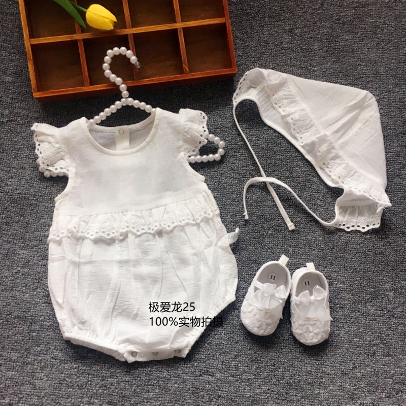 South Korean white pure cotton female baby khae 100 days Princess climbing to baby Summer photographing bag 6 fart clothes 3 months