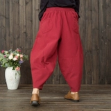 Ретро утепленные штаны, фонарь, свободный крой, из хлопка и льна