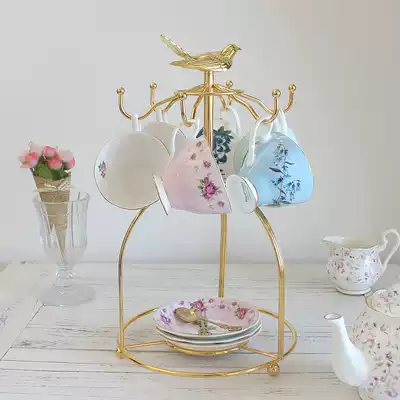 Creative gold-plated bird cup holder European-style wrought iron coffee cup holder Water cup mug Teapot tea set storage shelf