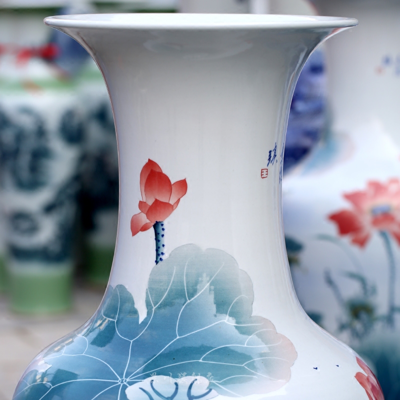Hand made green lotus lotus hotel porcelain of jingdezhen ceramic floor big vase sitting room adornment is placed