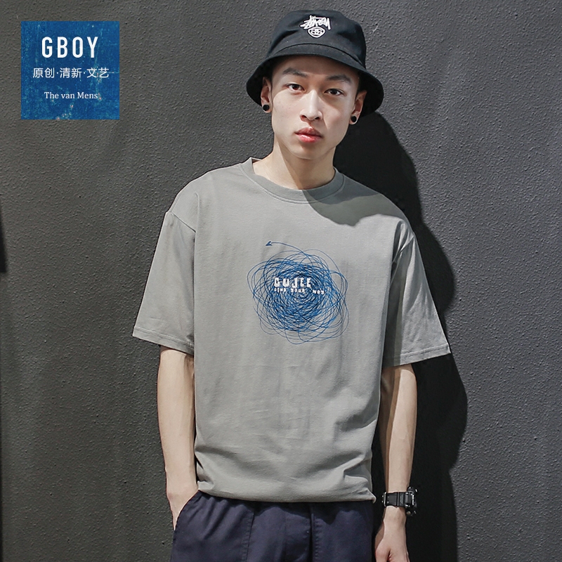 GBOY夏季创意街头字母线团印花短袖T恤男青年潮流宽松休闲短tee
