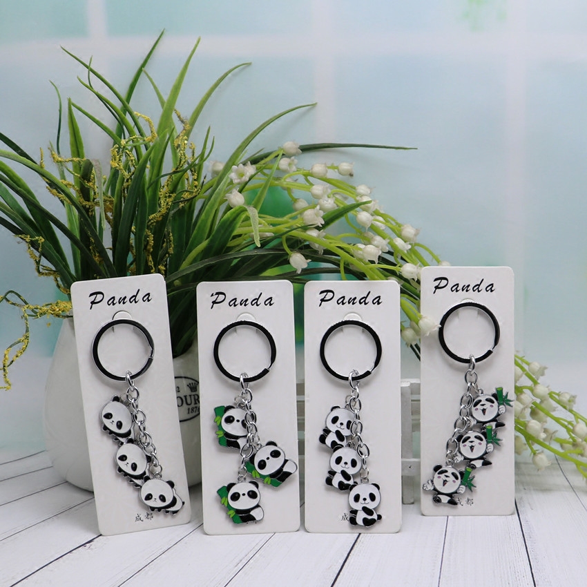 String of 3 heads Panda Key Buckle Metal Car Key Chain Pendant Panda Base Wide Narrow Alley Souvenir