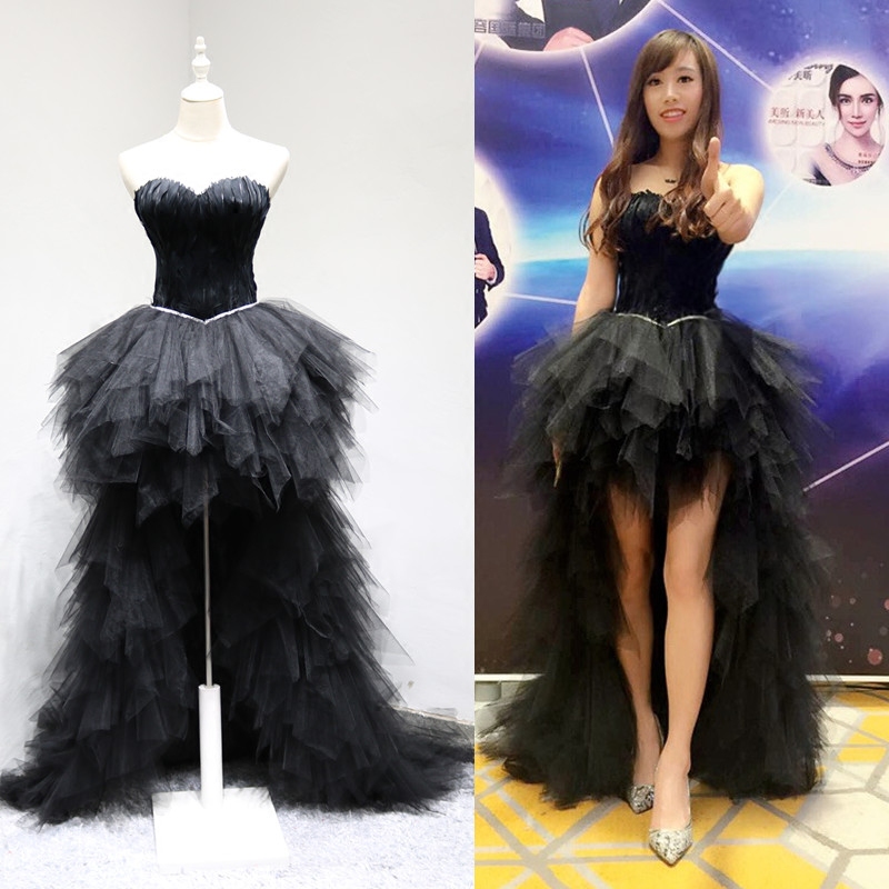 Fashion Tube Top Evening Dress Ceremony Black Front Short Back Long Red Carpet Catwalk Birthday Year Banquet Party Performance Evening Dress
