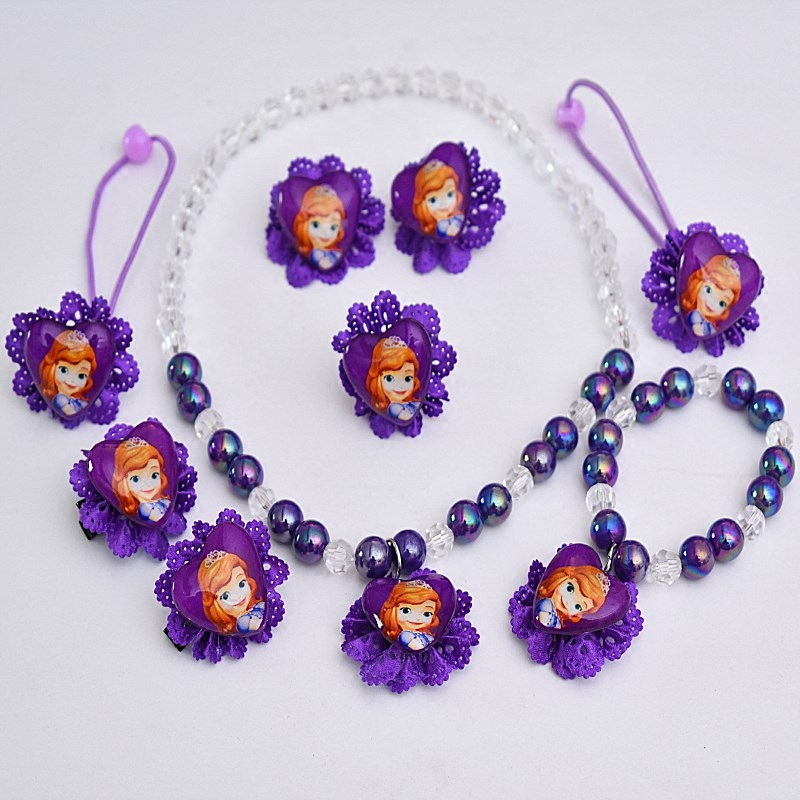 Princess Sophia Necklace Set Flower Hairpin Beaded Crystal Hand Ring Earrings Children's Baby Hair Accessories