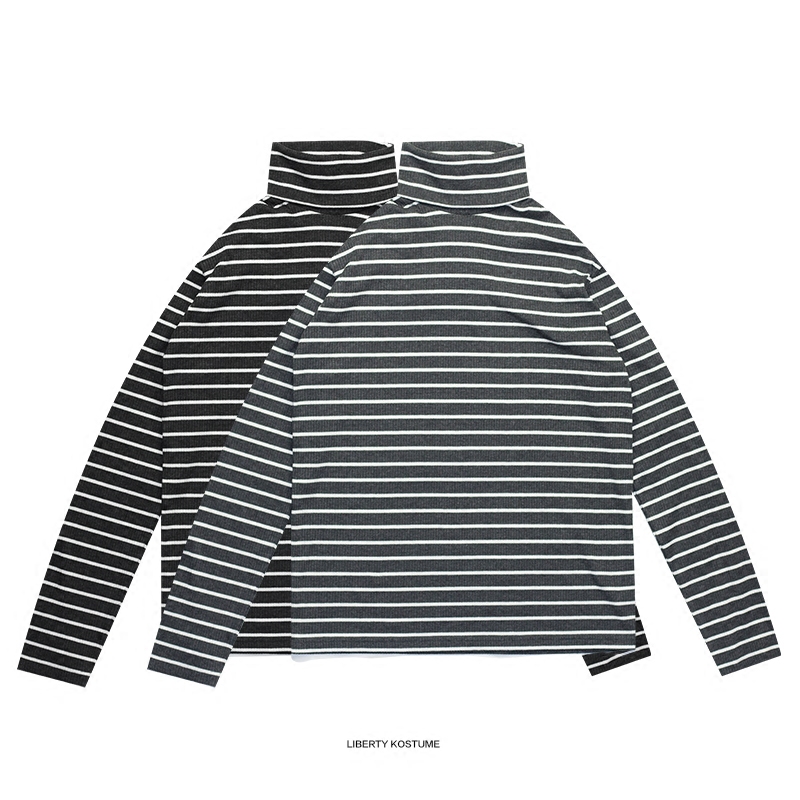 Liberty Kostume1725 秋季薄款纯棉情侣T恤男条纹高领打底衫修身