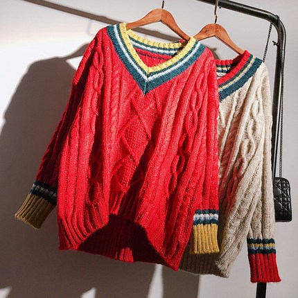 2018春秋宽松套头毛衣女V领粗毛线麻花韩版外