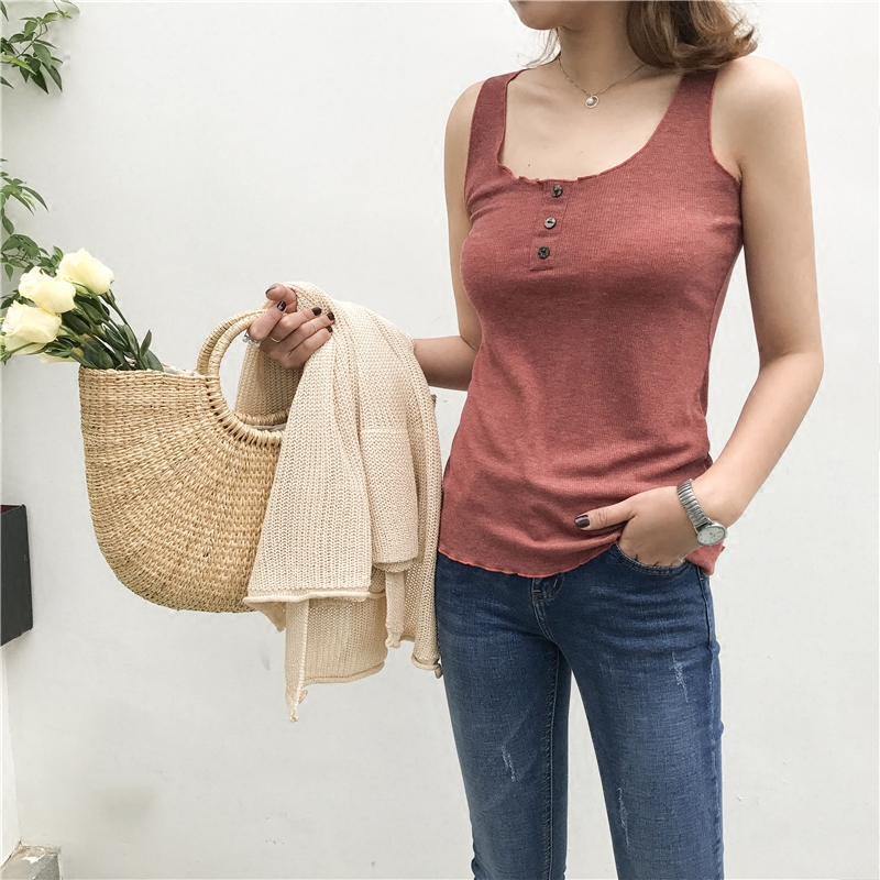 EKOOL薄款纽扣U领吊带背心女韩版夏季简约打底弹力工字背心女内E